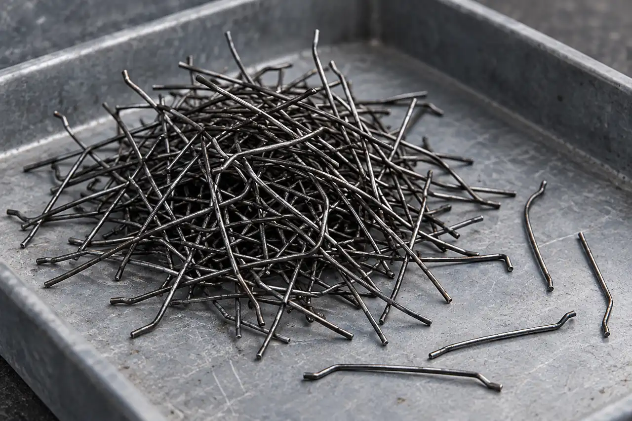 Small dark hooked-end steel fibres arranged in a shallow tray with several individual pieces visible