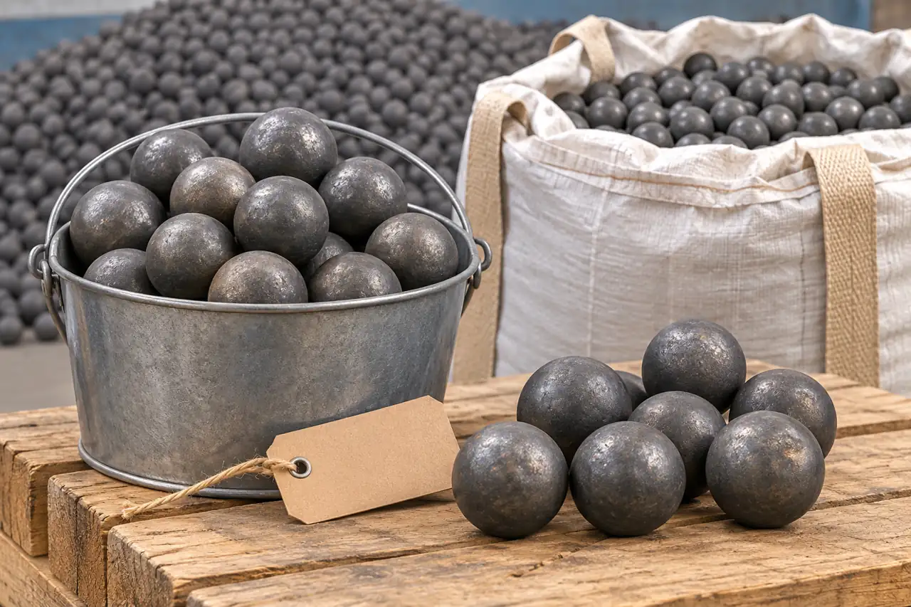 Grinding media sample pail and separately retained balls