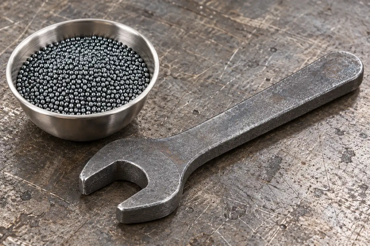 A forged metal component and separate media sample illustrating a trial review