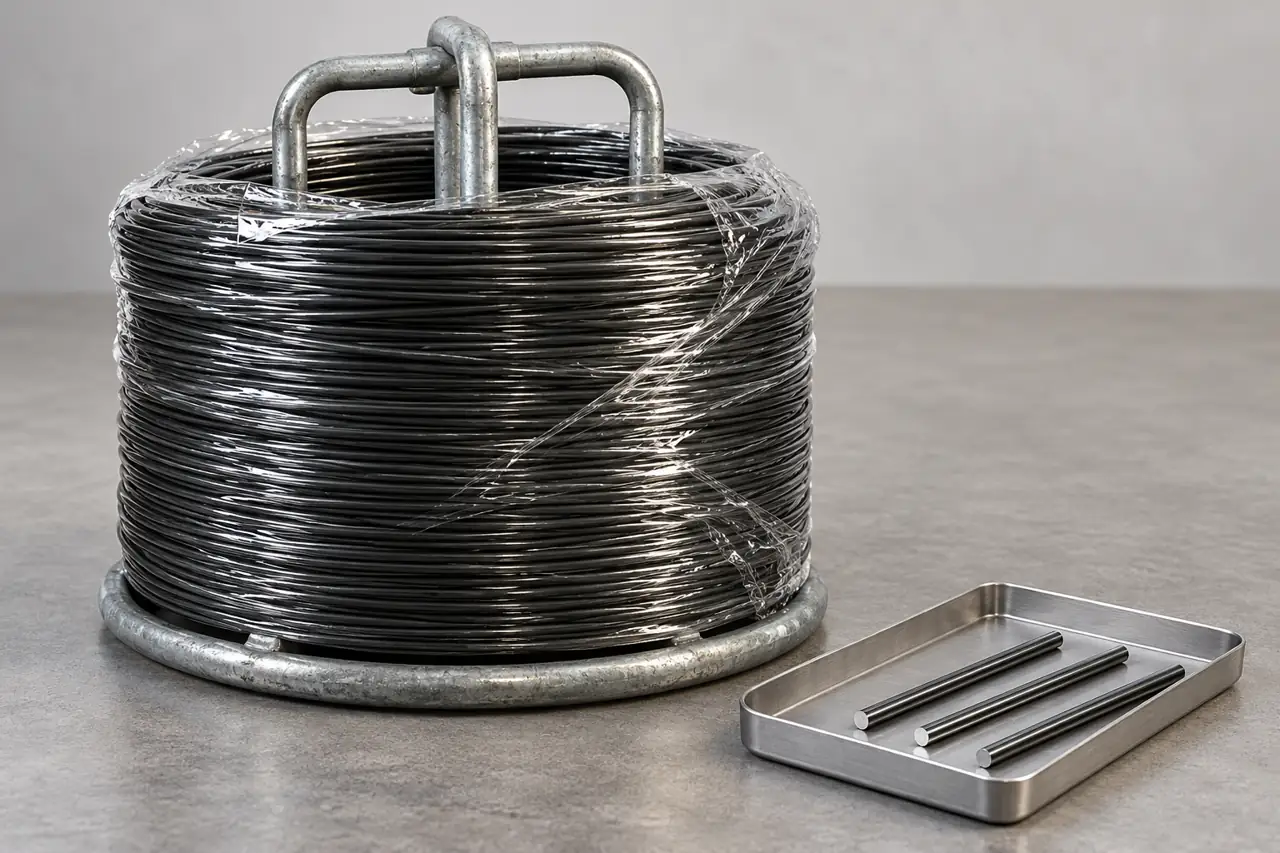 Retained solid-wire samples and a protected single-wire coil on an inspection bench