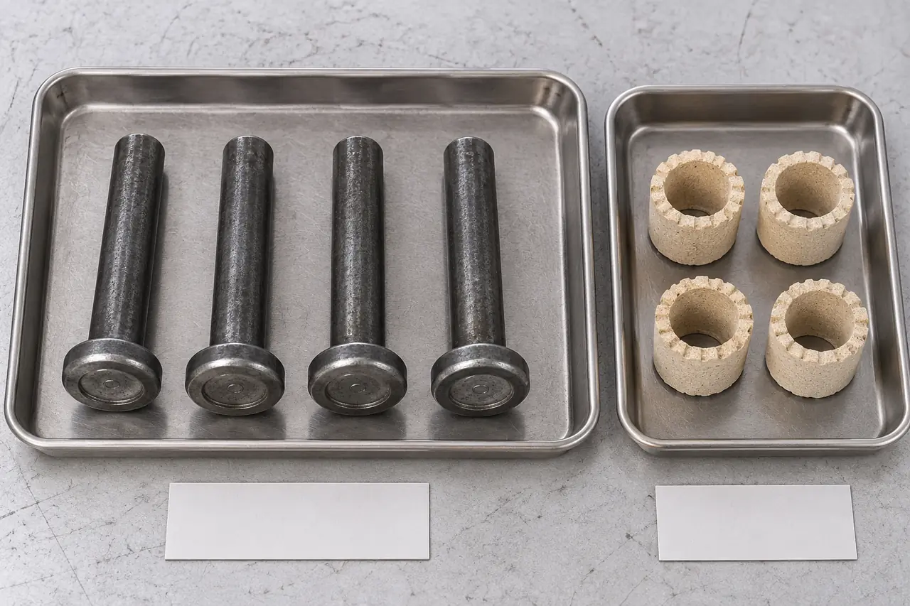 AI-assisted illustration of headed shear-stud samples and empty ceramic ferrules separated into two trays