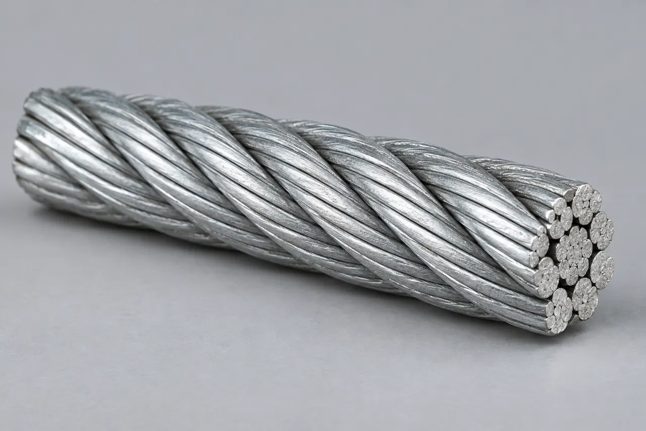 Close view of a galvanized steel strand sample showing its constituent wires