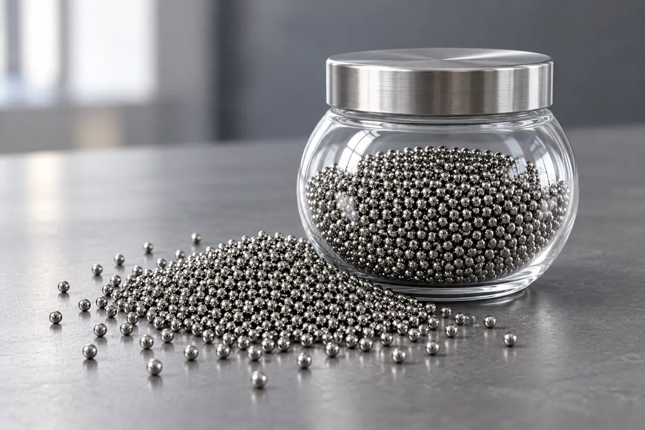 Retained metallic shot sample in a plain clear container