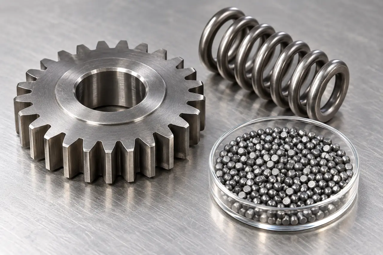 Gear and spring components beside a retained shot sample, illustrating a qualification review