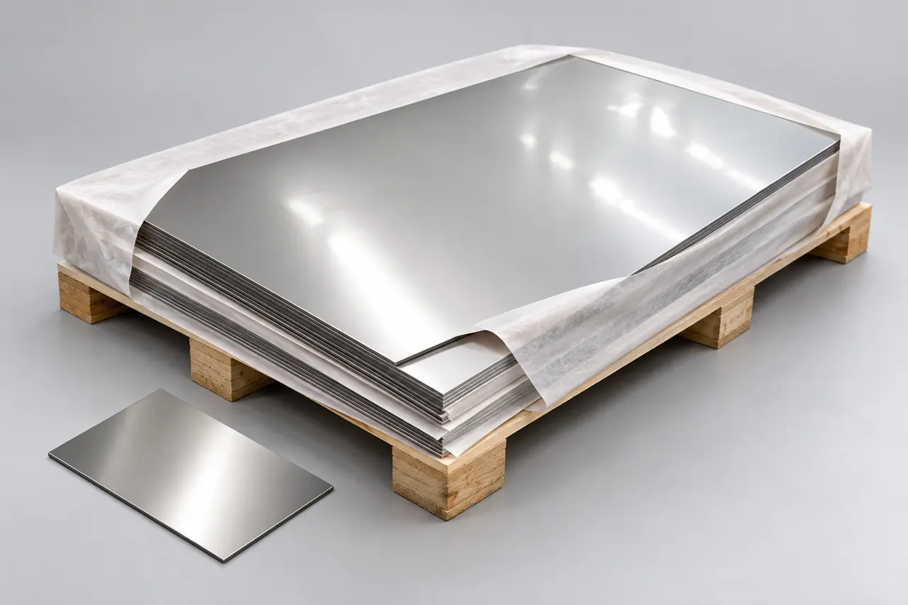 Protected stainless sheet bundle with one separate retained finish coupon