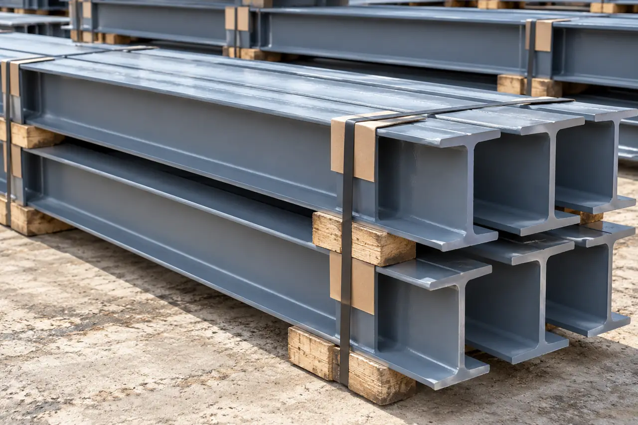 Separate steel I-section members supported by timber chocks for a packing illustration