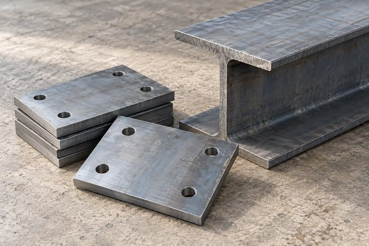 Loose steel plate samples beside an I-section member illustrating component identification