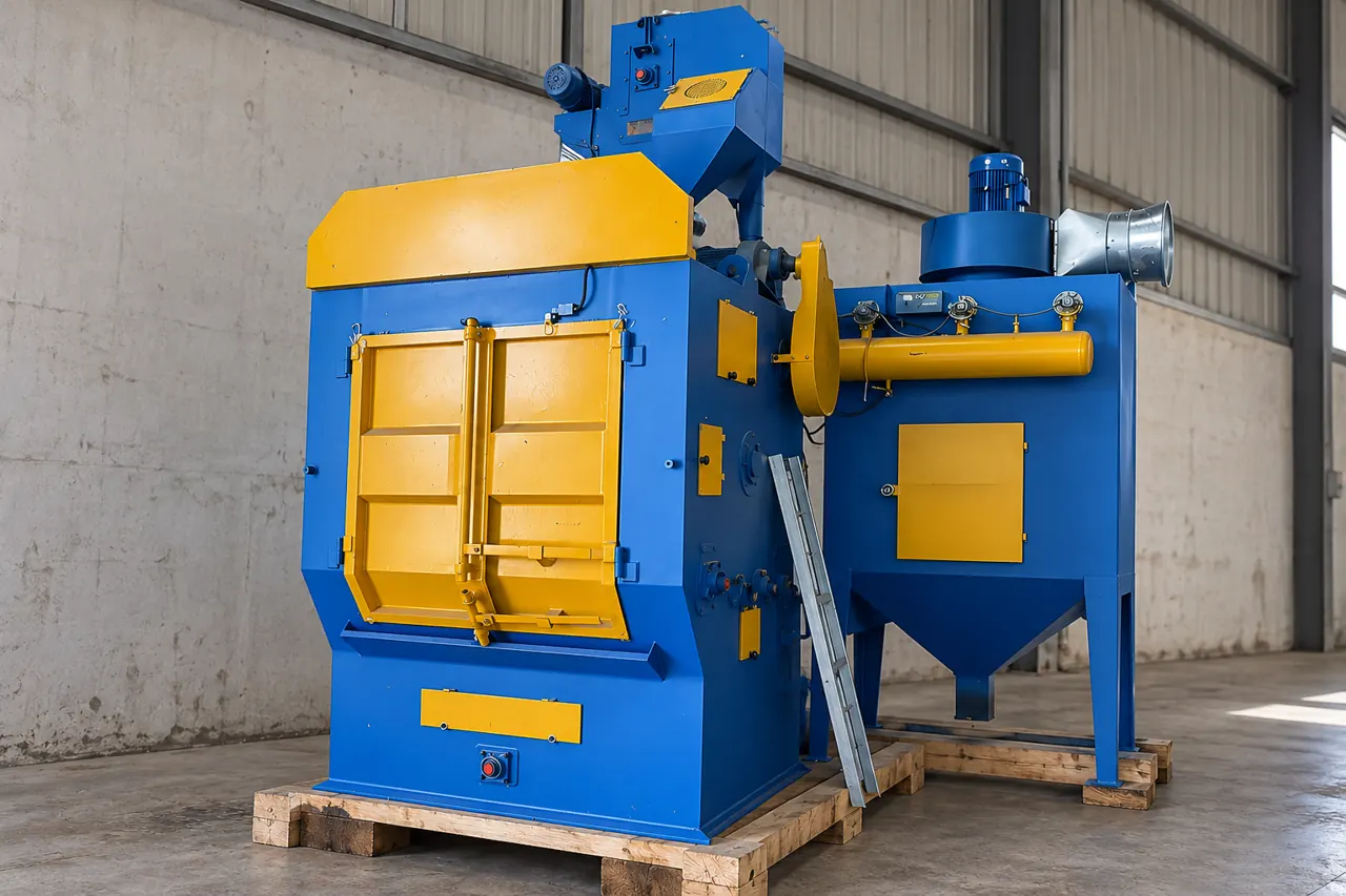 The referenced blasting machine on timber transport supports in an industrial setting
