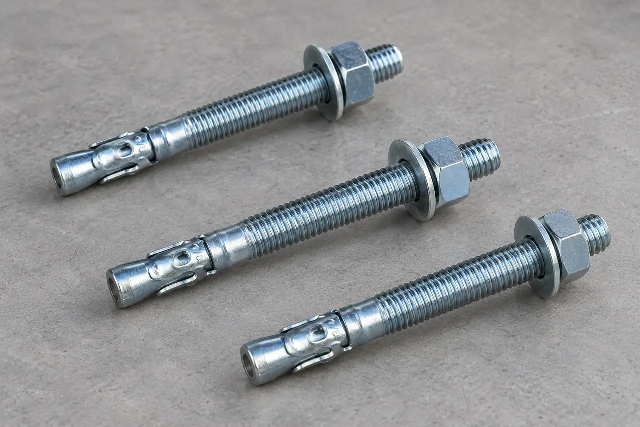 Three separate wedge-anchor assemblies showing threads, nuts and washers