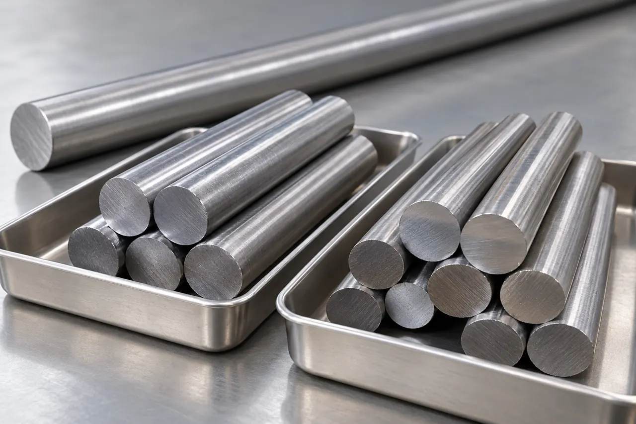 Retained nickel-alloy stock pieces in separate plain trays with no grade labels