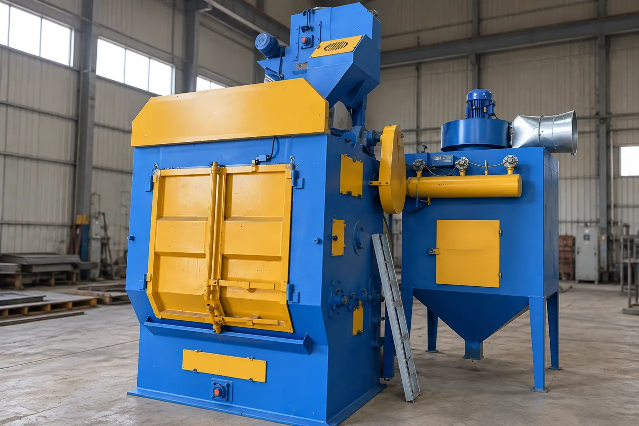 A blue and yellow batch shot-blasting machine based on the catalogue reference