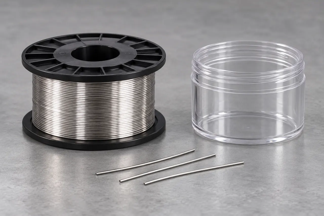 A small stainless welding-wire spool with retained wire lengths and sample containers