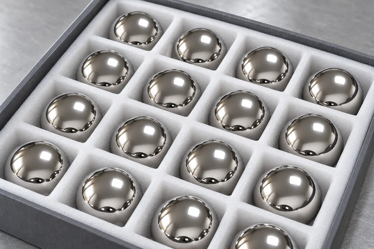 Separate padded sample compartments holding polished stainless balls