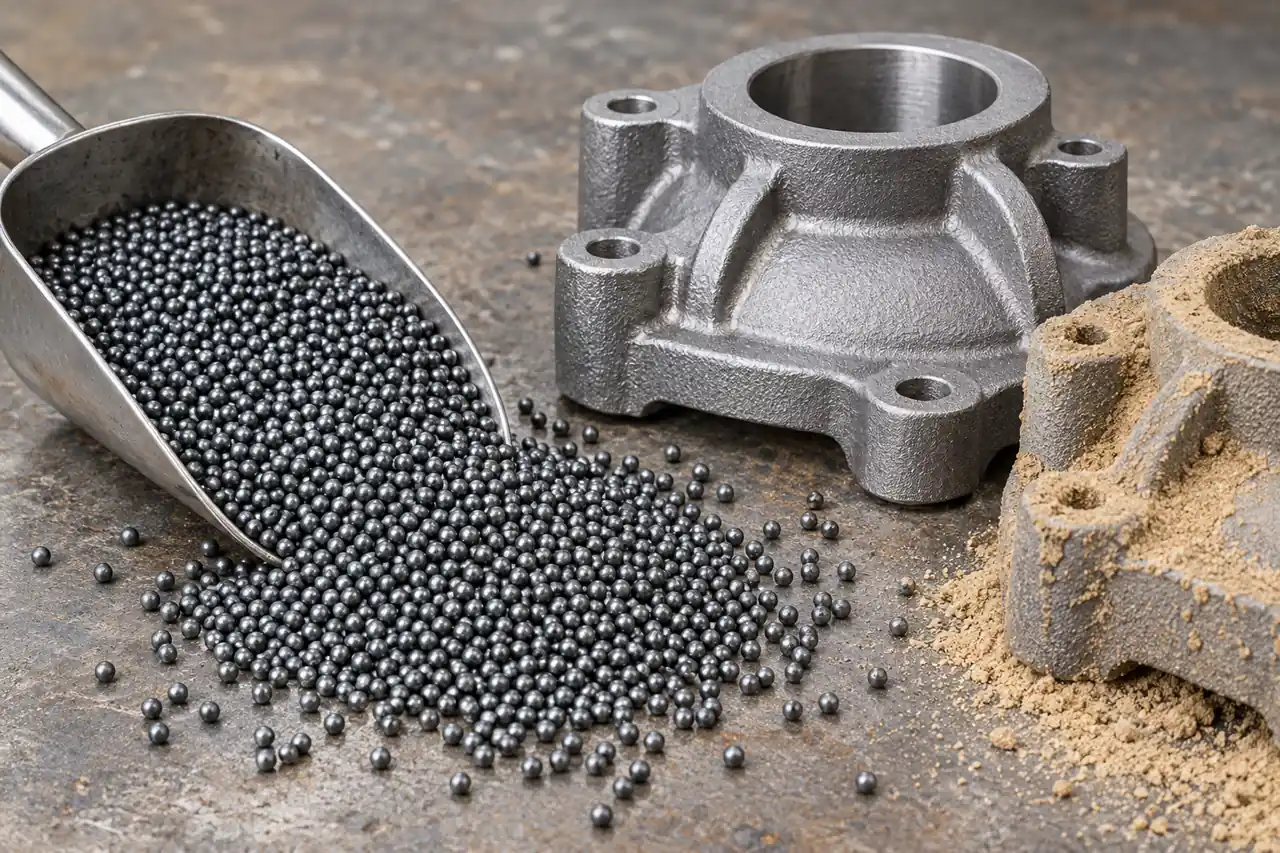 Steel-shot samples and cast components illustrating a foundry cleaning trial