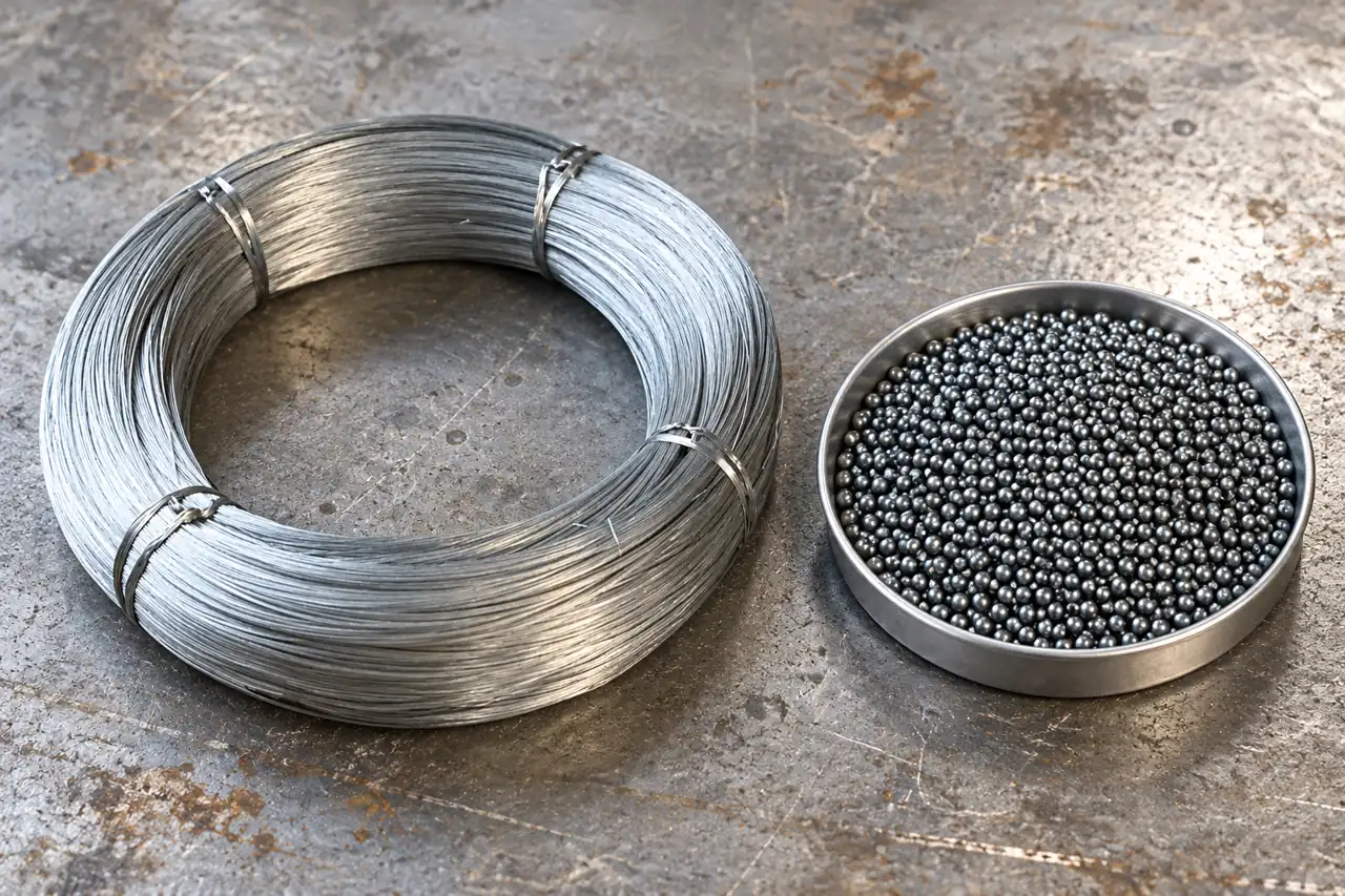 Galvanized wire coil and a separate shallow steel-shot sample dish on an industrial bench