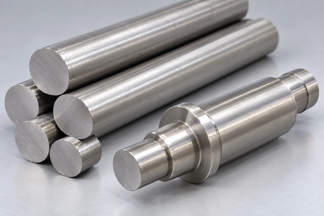 Nickel-alloy round-bar blanks beside a simple turned pump-component sample