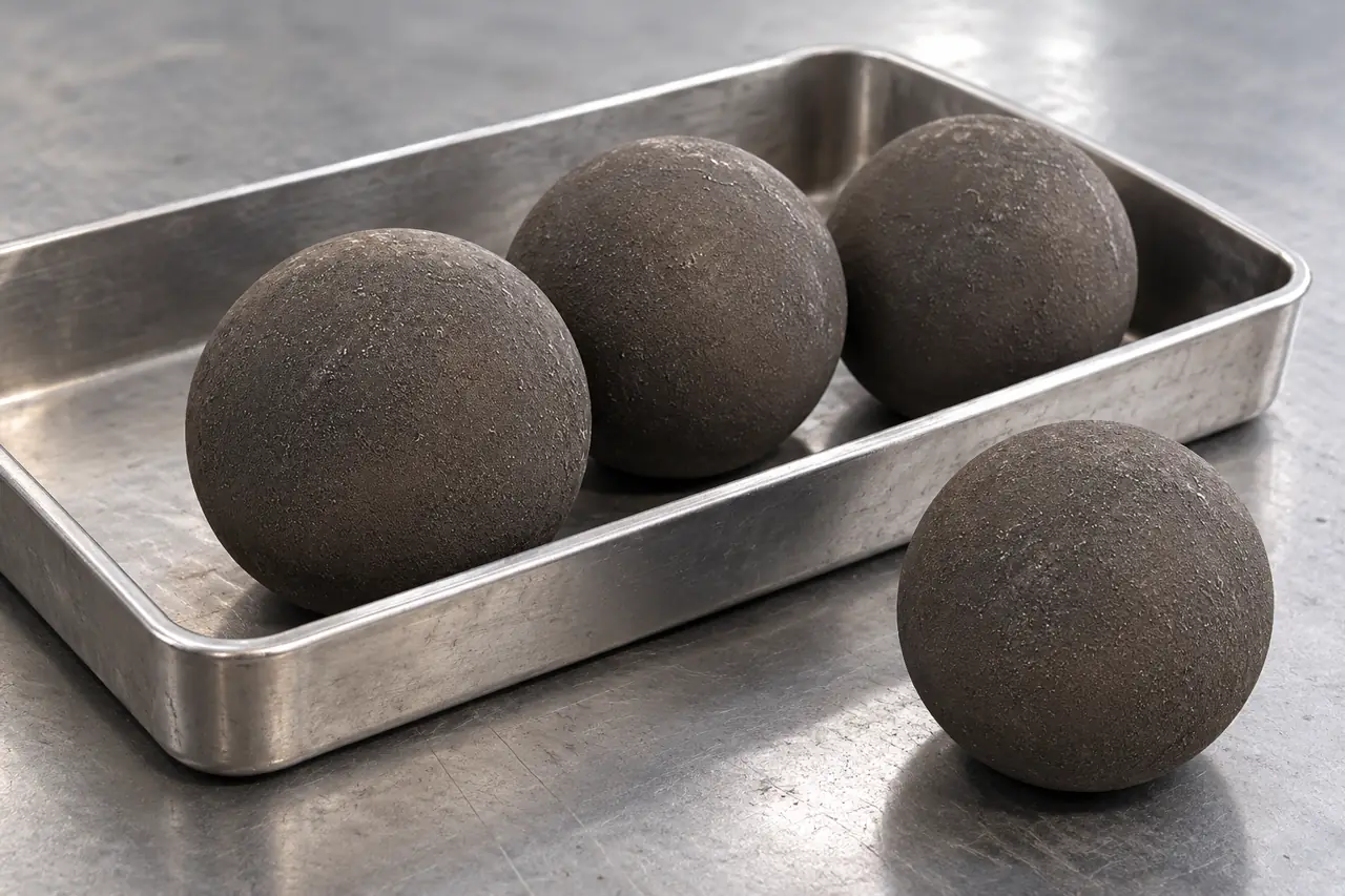 Separate cast grinding-ball samples on a steel inspection tray