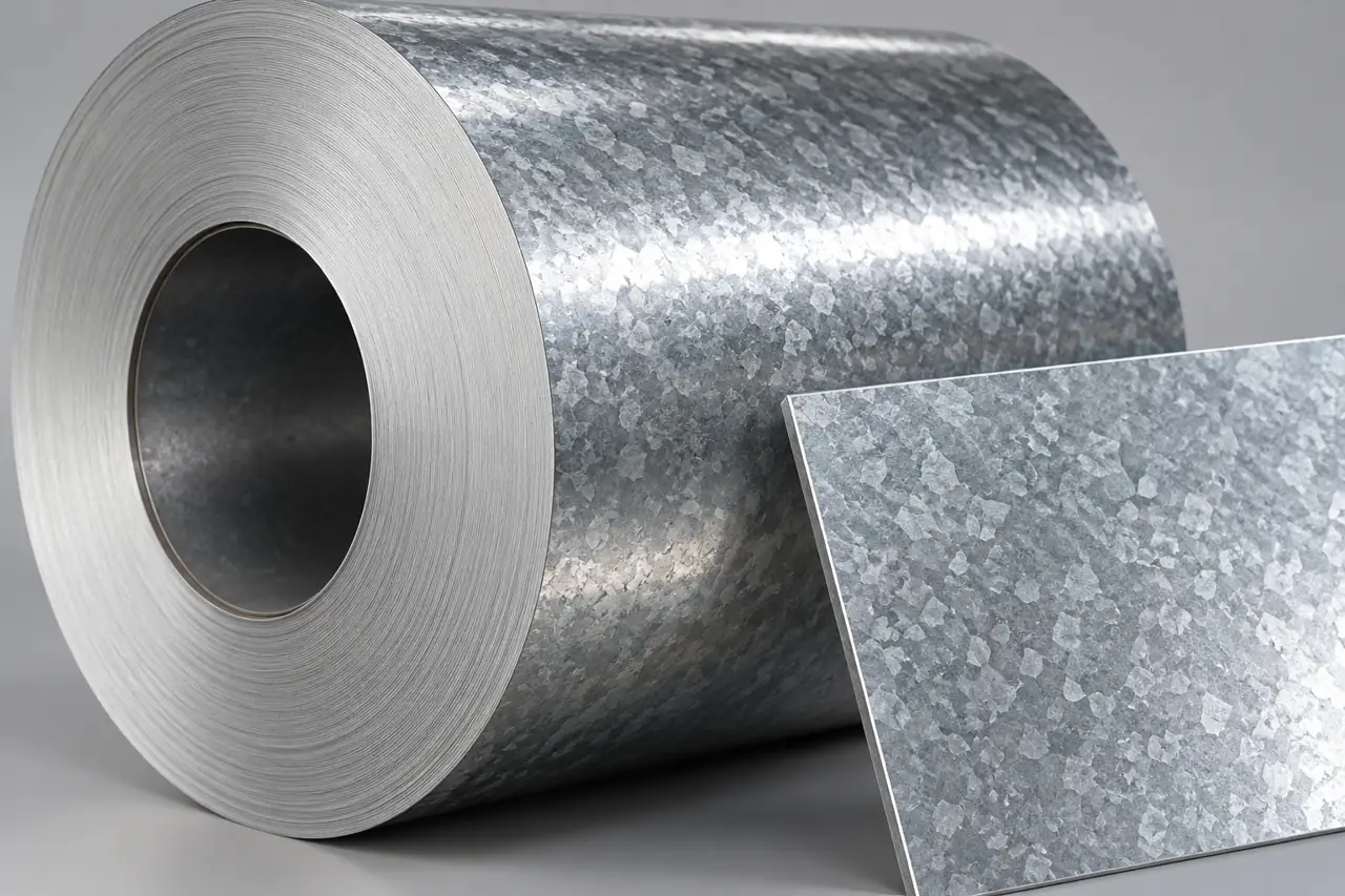 Close view of a galvanized sheet sample beside the curved face of a steel coil