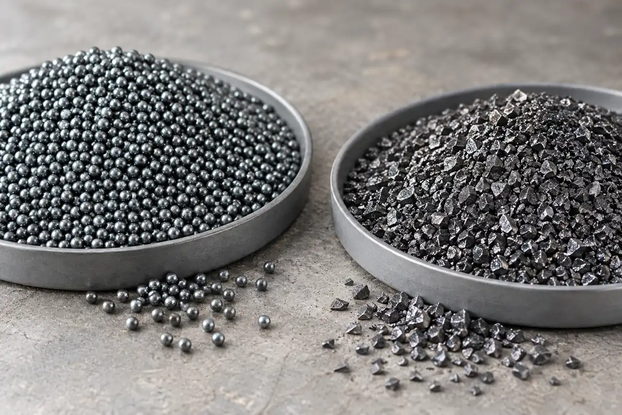 Separate samples of rounded steel shot and angular steel grit for a distributor product brief