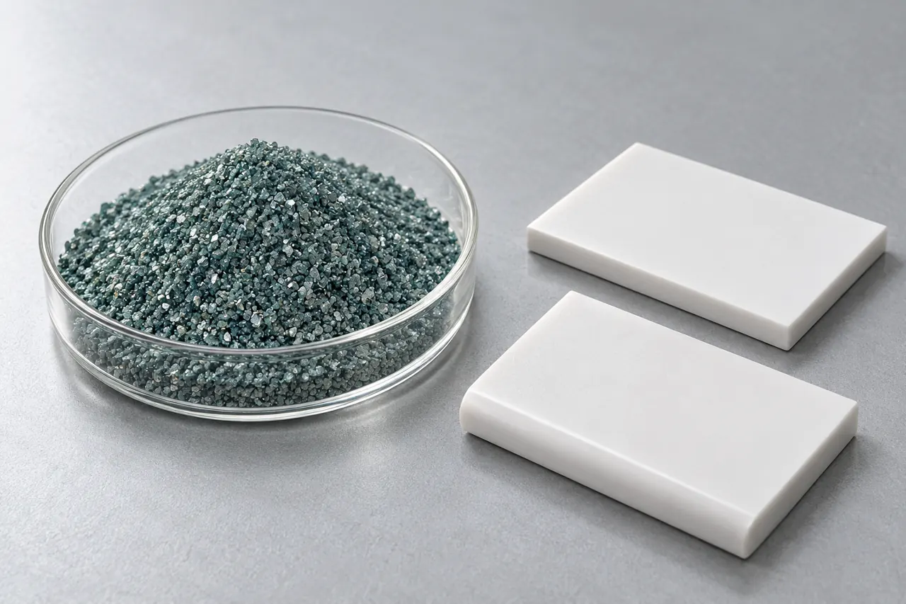 Abrasive sample beside plain ceramic workpieces for finishing-trial planning