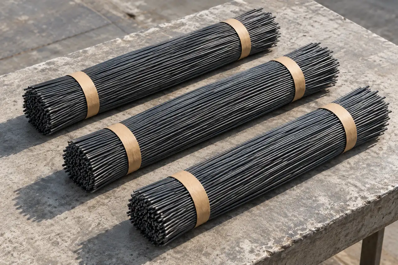 Separate bundles of straight wire lengths illustrating batch and end-condition review