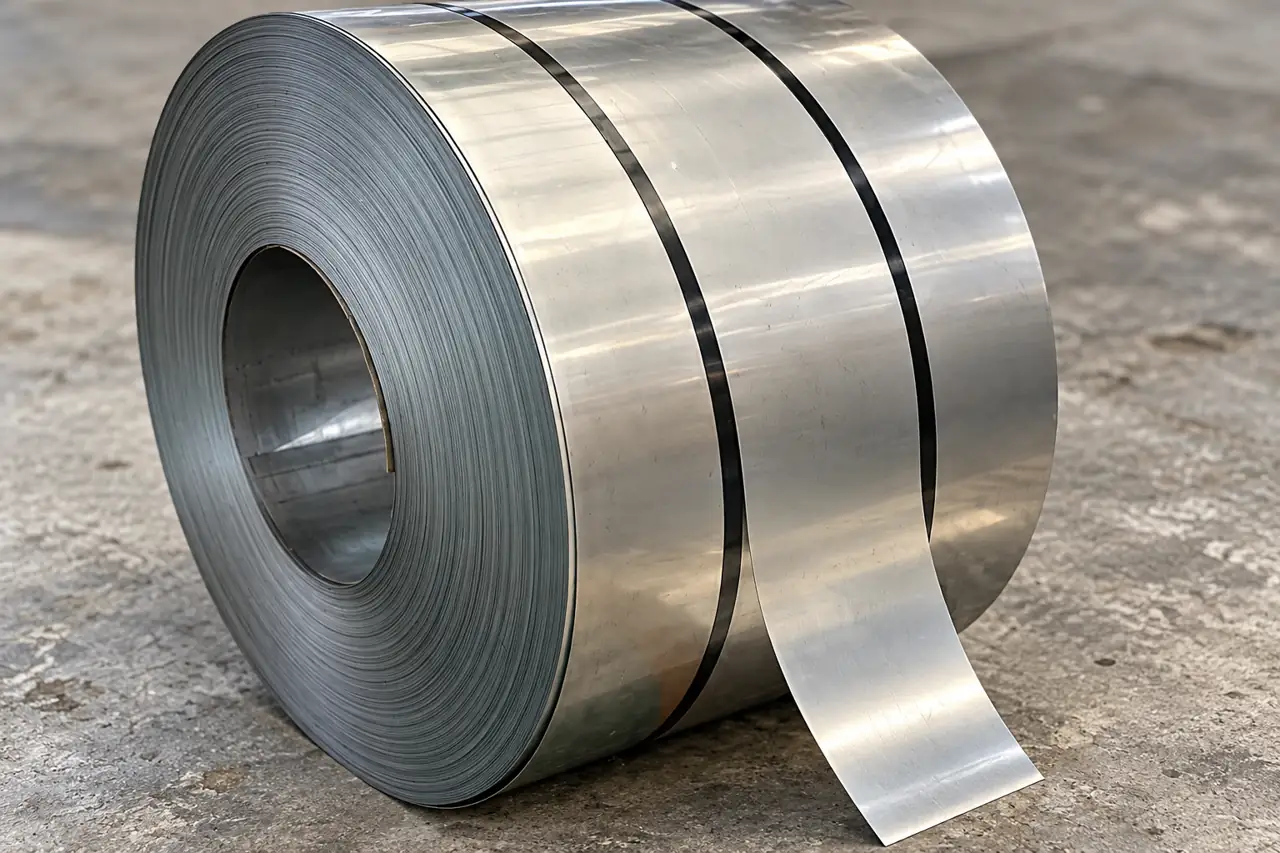 Close view of narrow steel strip coil edges