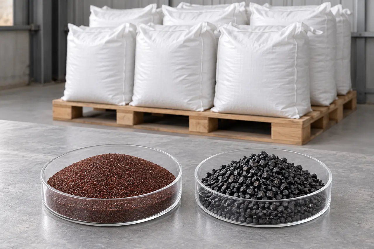Unprinted abrasive bags on a protected pallet beside a sample tray