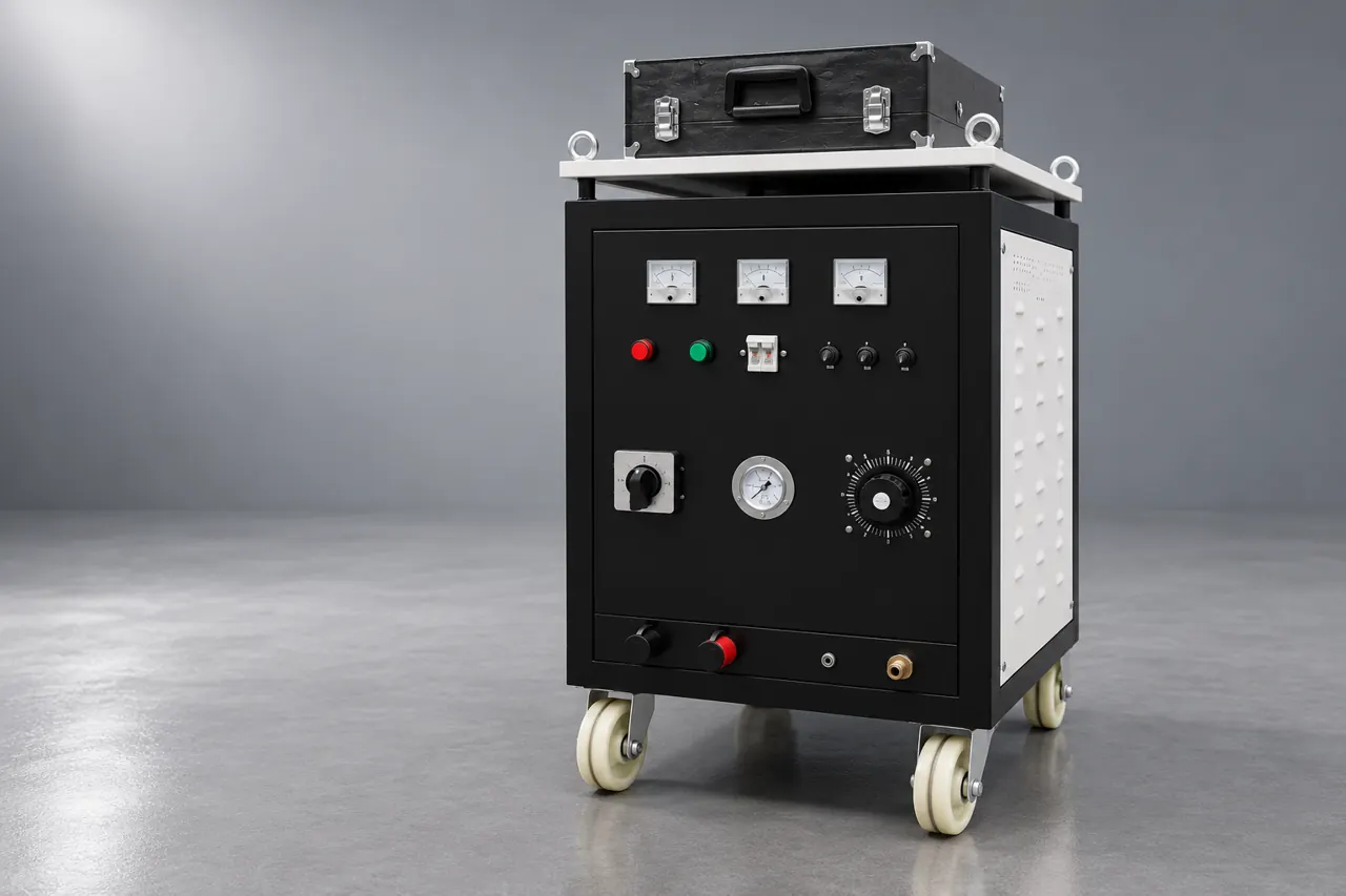 Catalogue-style arc-spray cabinet in a neutral inspection setting with a plain closed accessory case