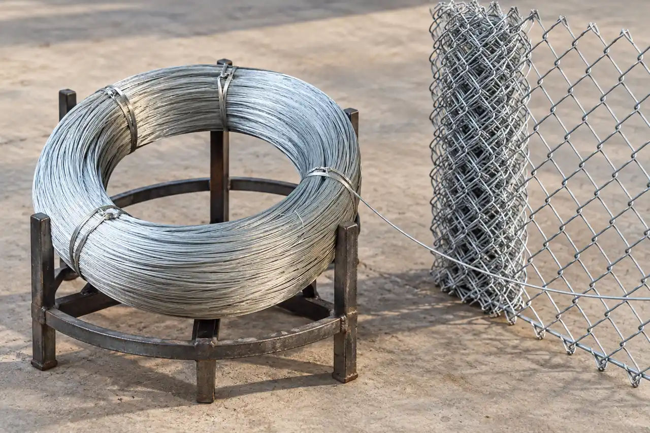 A galvanized wire coil on a simple payoff stand beside a fence sample