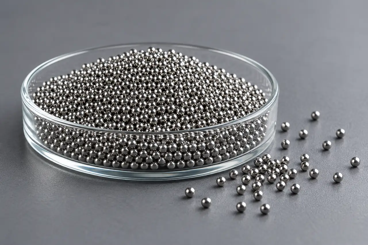Close view of tiny round metal balls in an unmarked glass sample dish