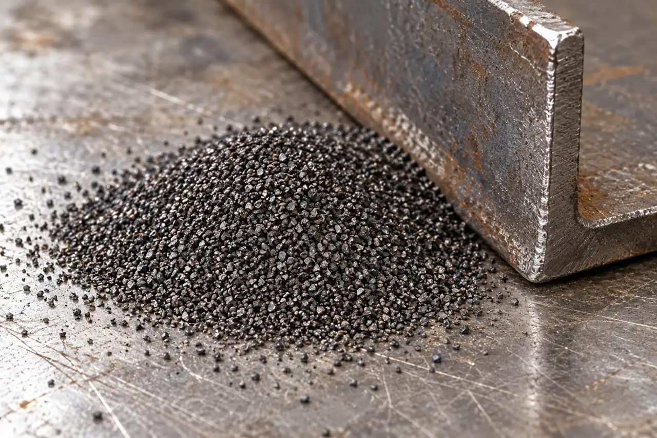 Angular steel grit beside an unpainted structural steel section