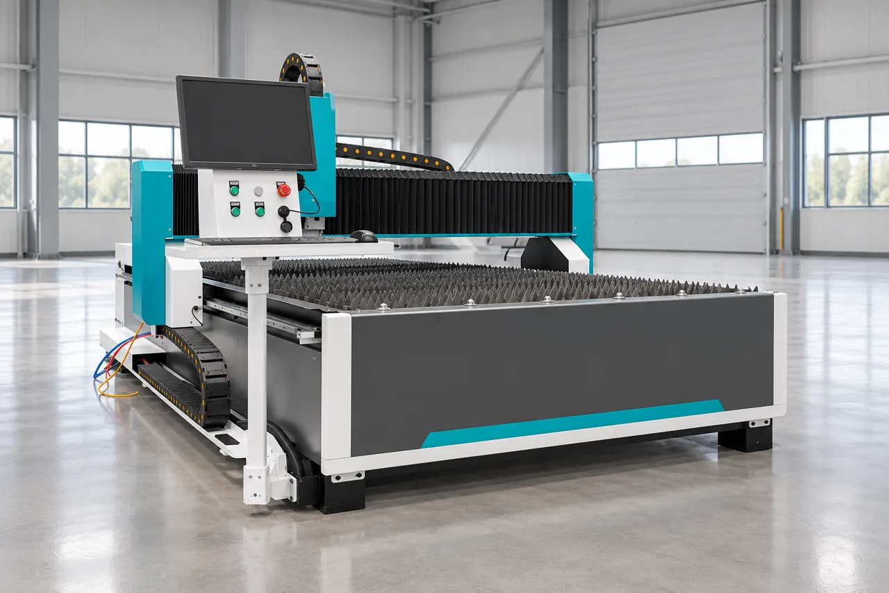 Illustrative flatbed metal laser-cutting machine based on catalogue equipment imagery