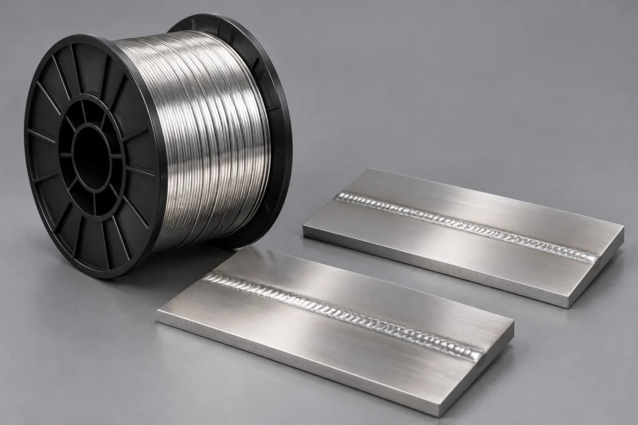 Stainless trial coupons with simple straight weld beads beside an unused filler-wire spool