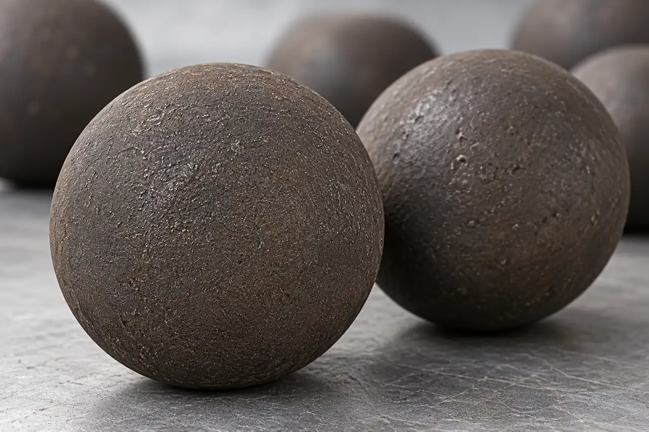 Close view of rough-surfaced cast steel grinding balls