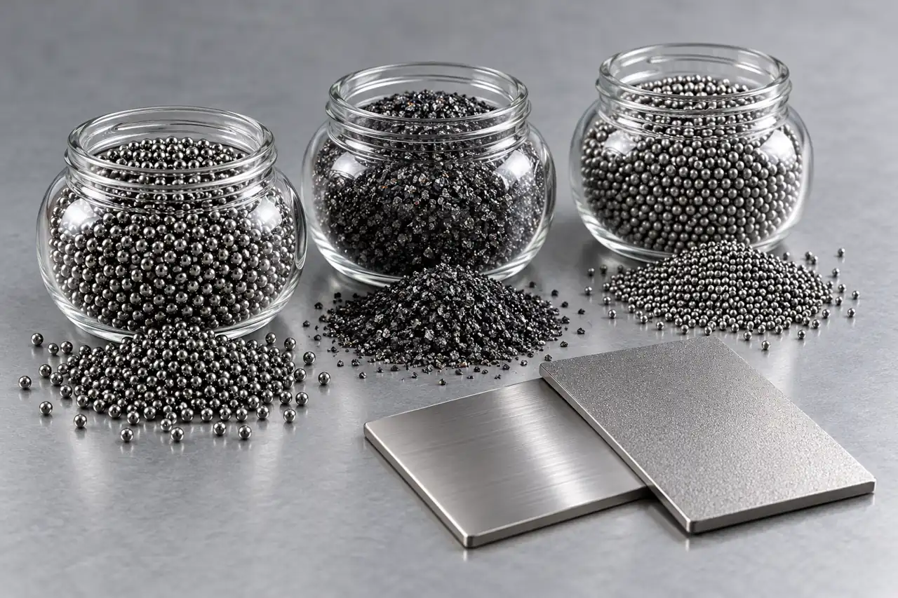 Separate abrasive evaluation samples in unmarked jars beside industrial test coupons
