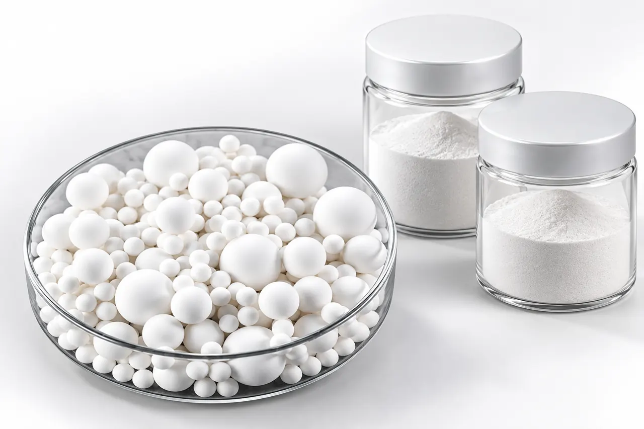 White alumina grinding balls beside sealed unmarked fine-powder sample jars