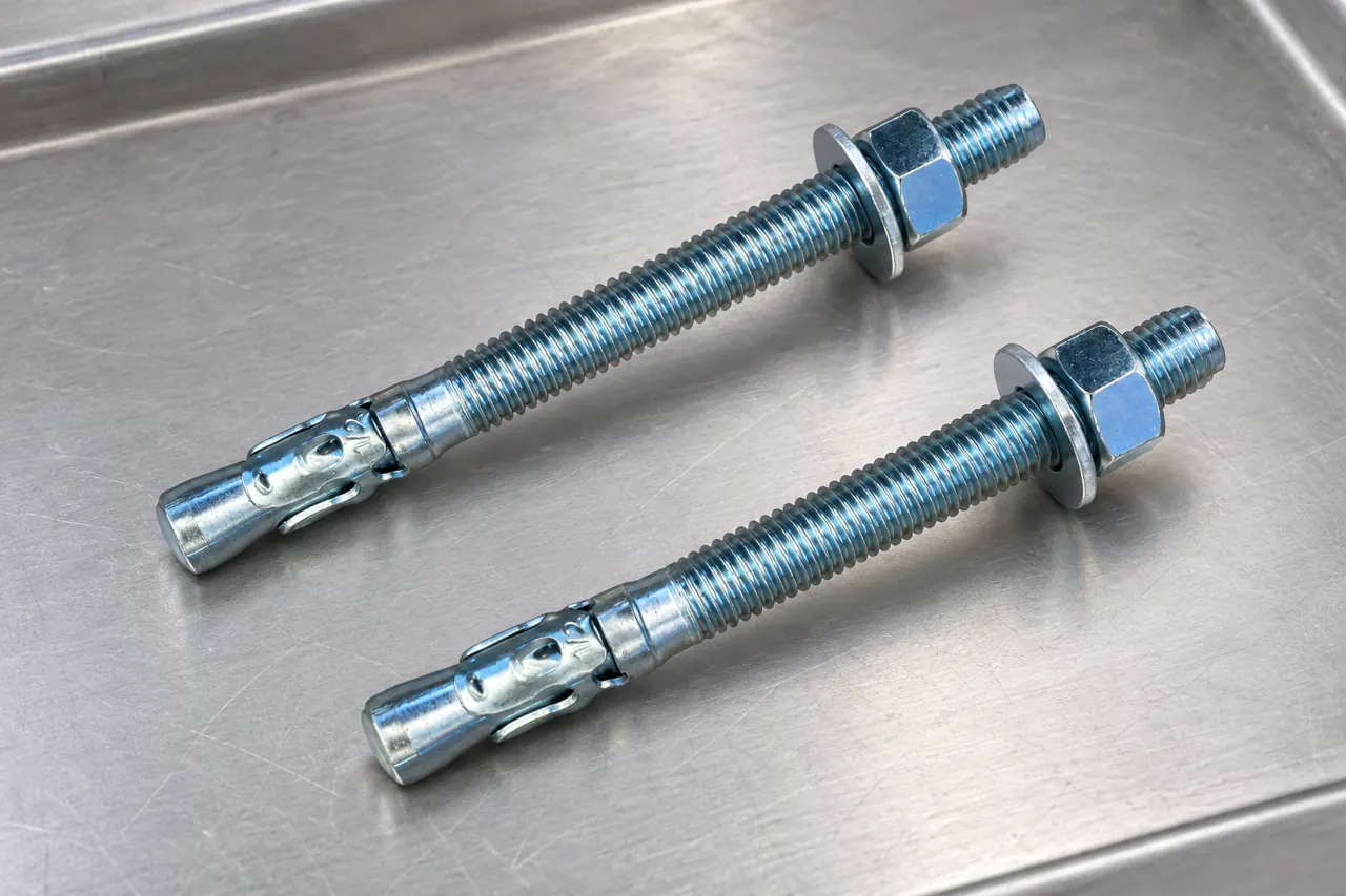 Wedge-anchor samples arranged separately on a plain inspection tray