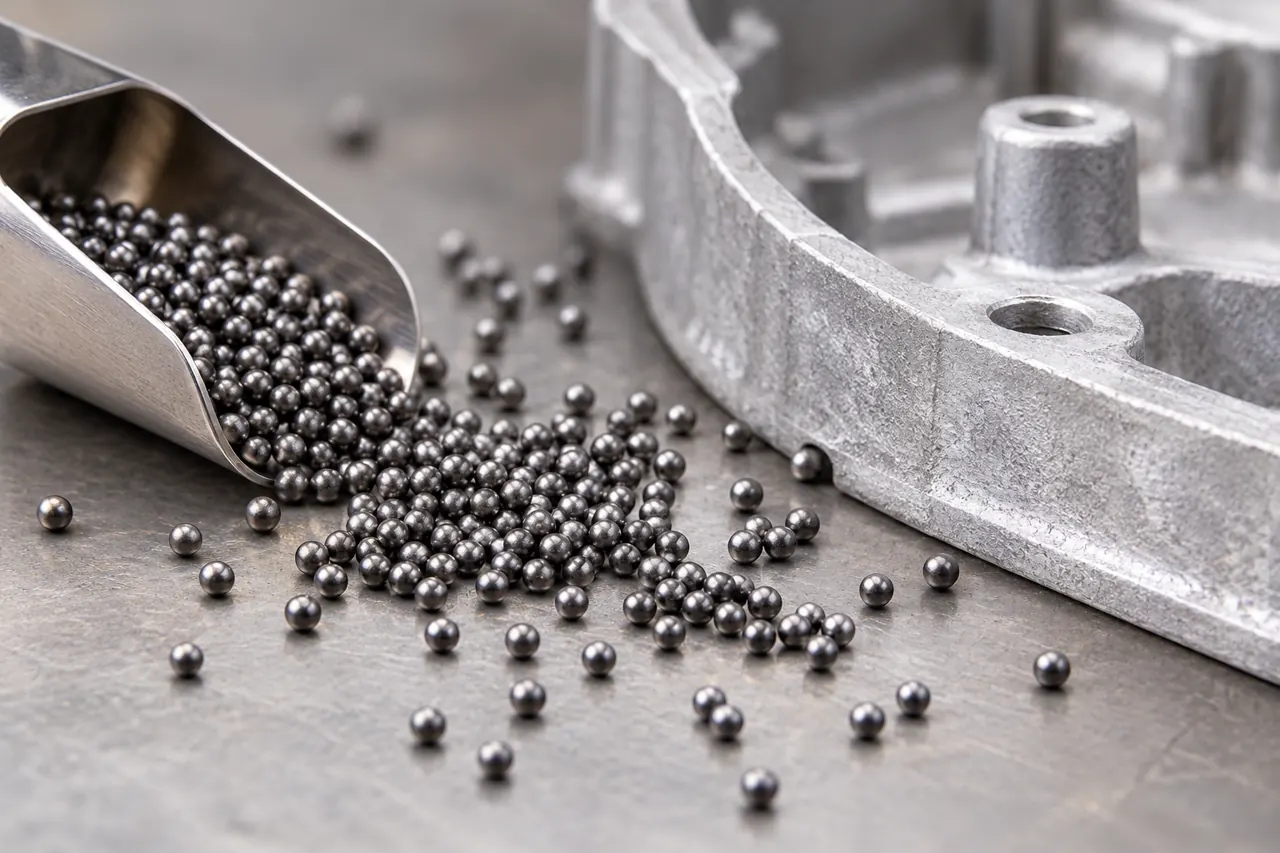 Rounded stainless media beside an aluminum casting edge illustrating a finishing trial