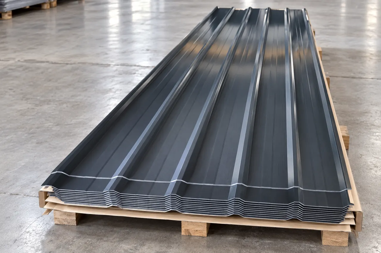 Protected stack of profiled sheets on timber supports for packing illustration