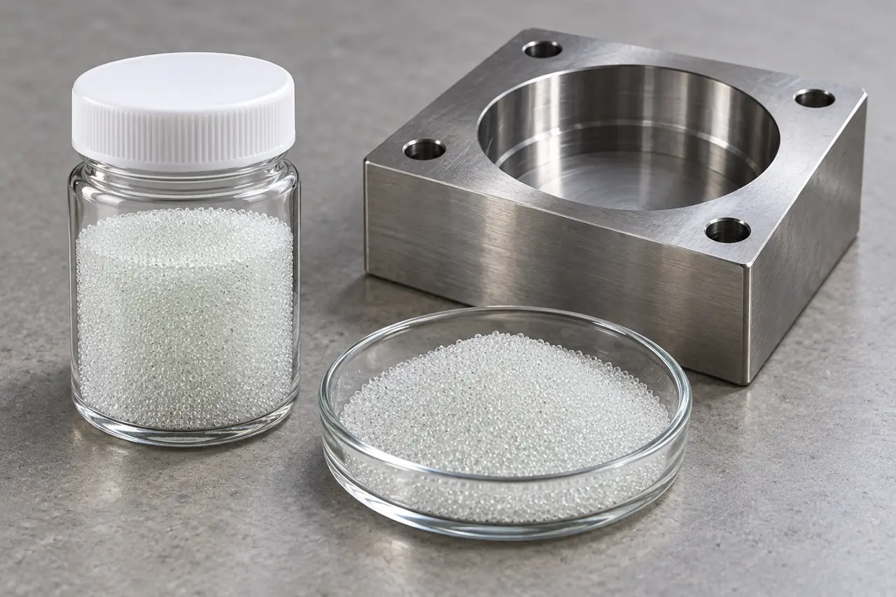 Retained glass-bead sample in an unmarked jar beside a machined mould insert