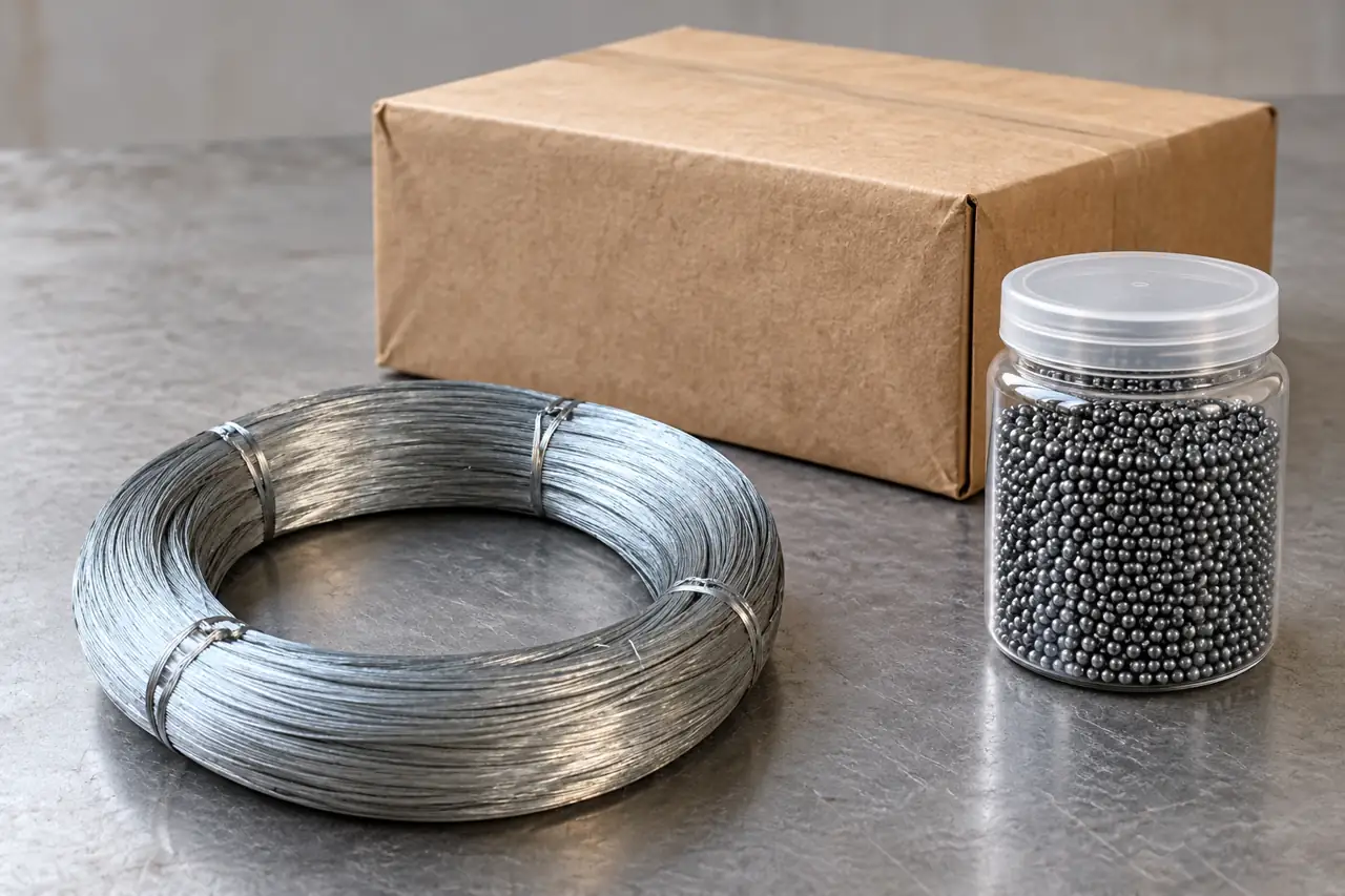 Separate wire sample, steel-shot jar and plain unopened package for incoming inspection planning