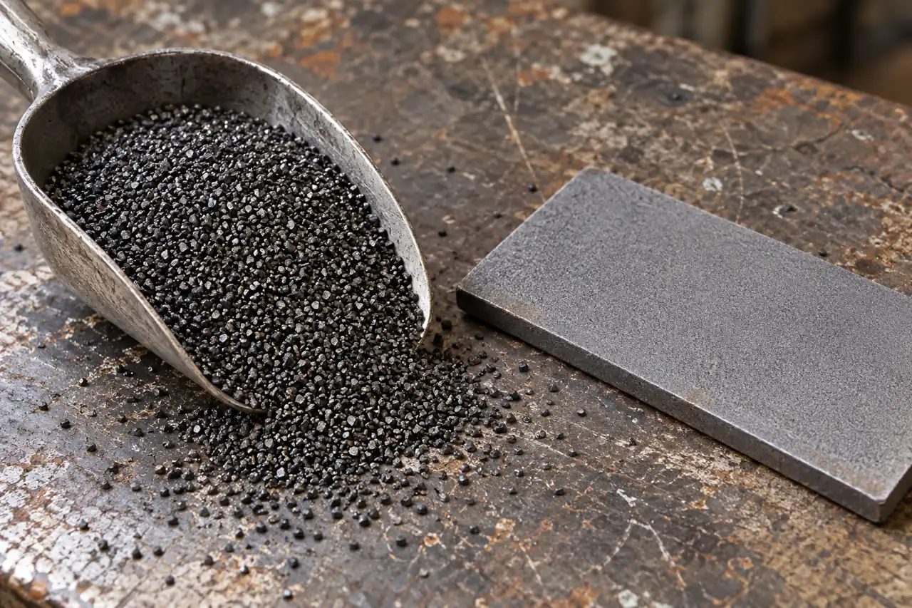 Steel grit beside a prepared steel coupon illustrating a trial discussion