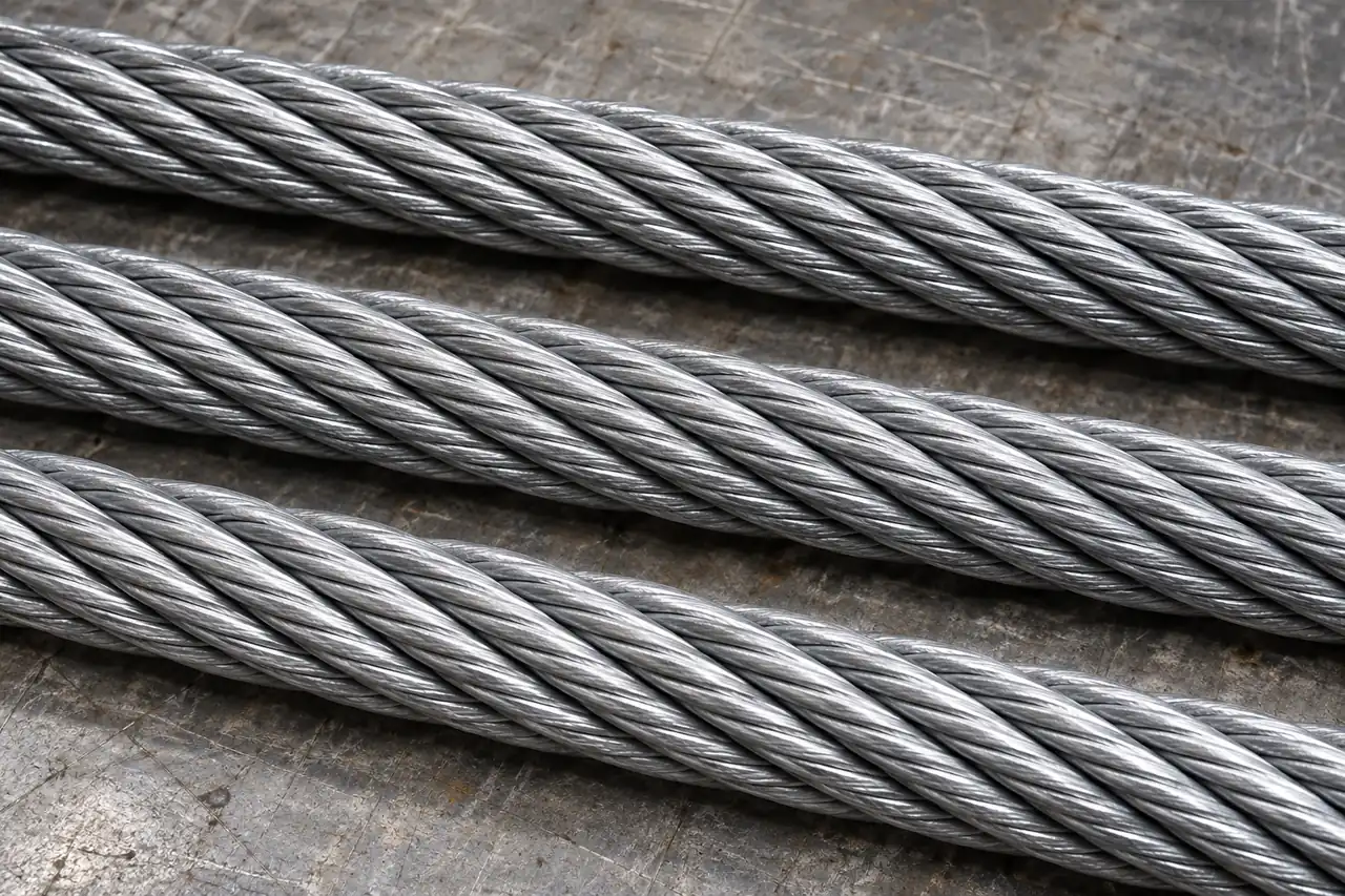 Close detail of galvanized rope strands illustrating construction identification