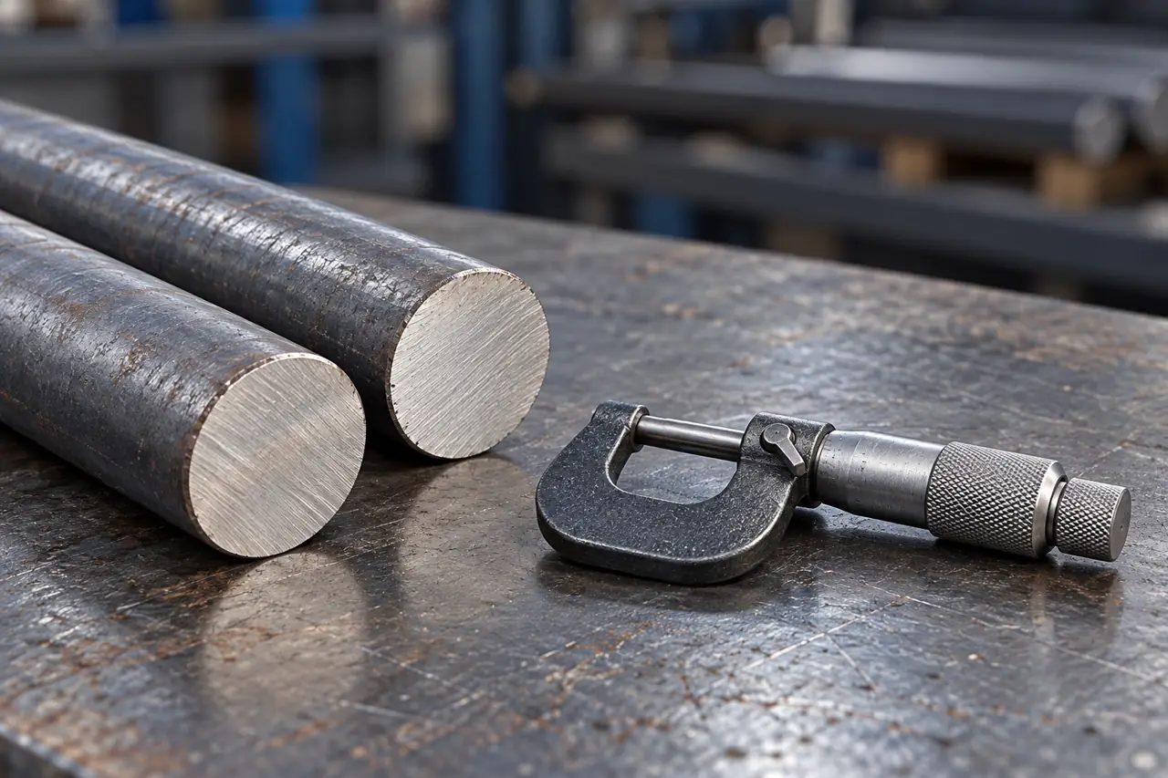 Retained carbon-steel round-bar samples beside a plain micrometer on a clean bench
