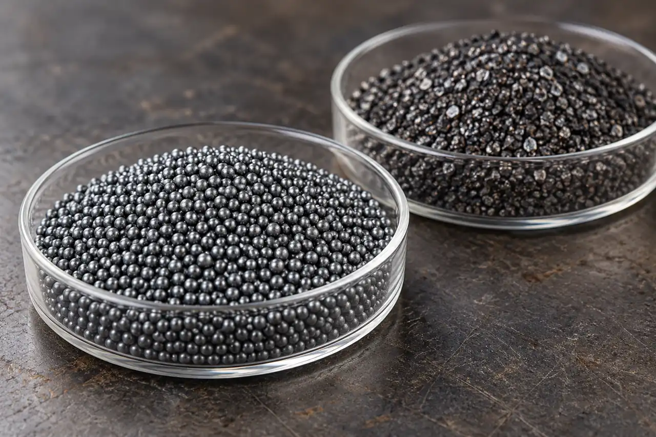 Rounded steel shot and angular grit kept in separate unprinted sample dishes