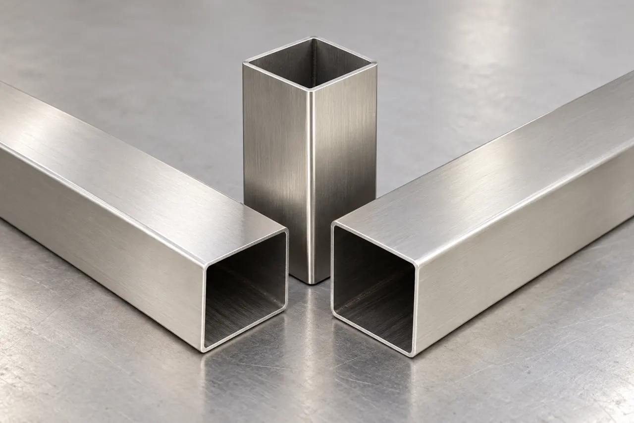 Stainless rectangular tube samples arranged at an unjoined display-frame corner