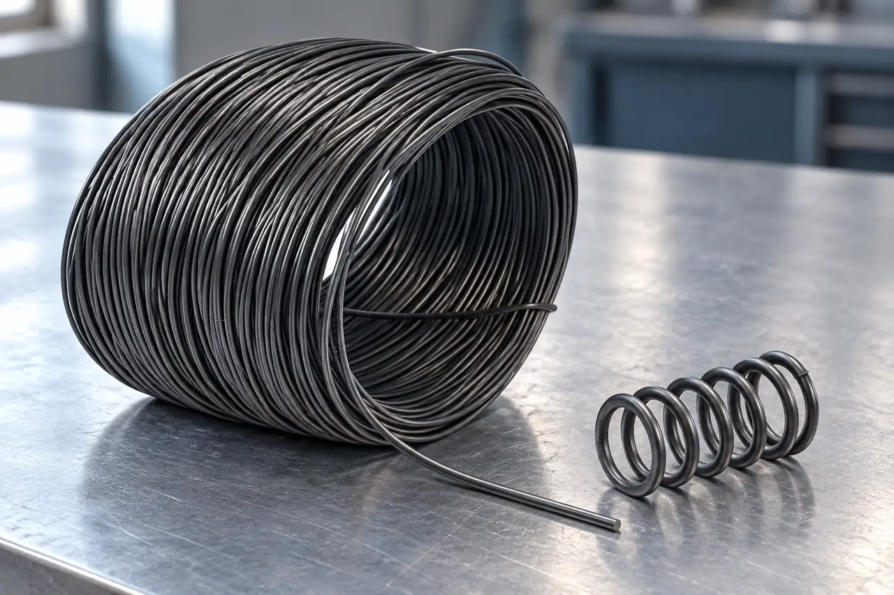 Illustrative spring-wire sample beside a simple formed coil for trial review