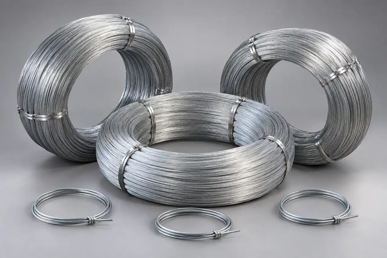 Separate galvanized wire samples and coils arranged as a distributor evaluation assortment