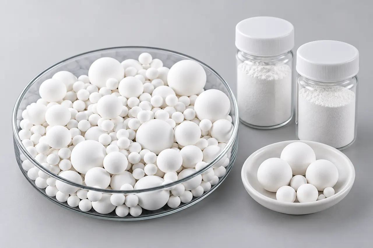 Retained alumina ball samples in a tray with two unmarked powder containers