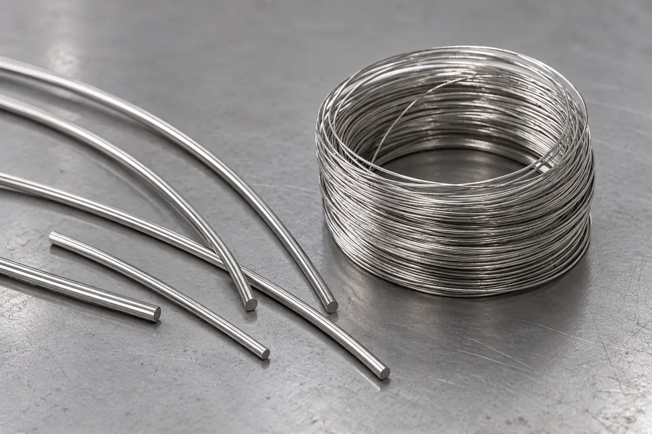 Stainless round-wire samples on an inspection table